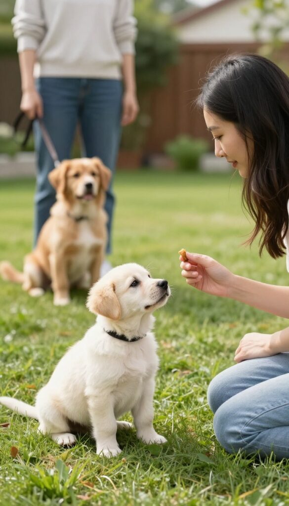 Puppy practicing leave it near a calm dog in a sunny backyard