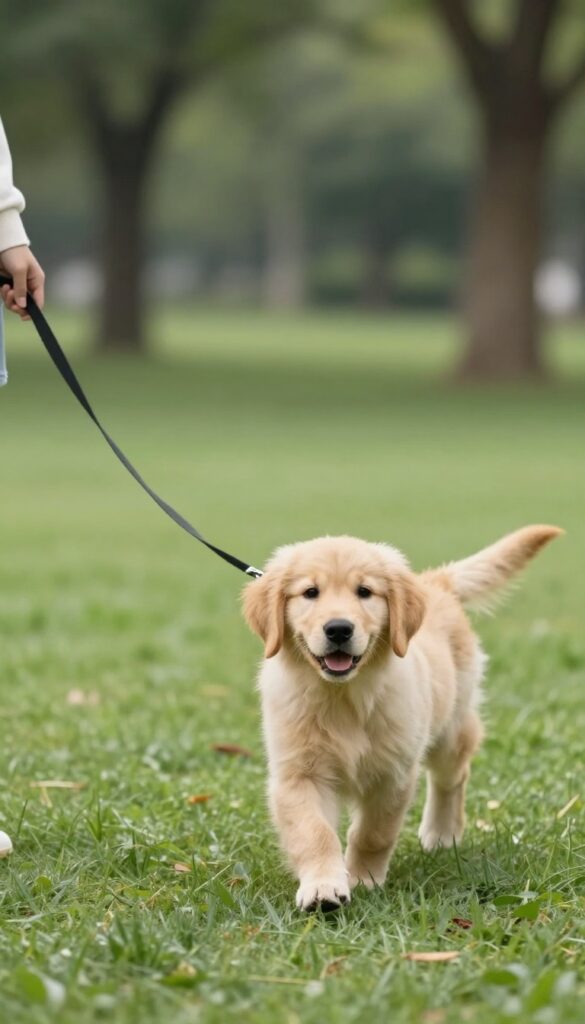 Golden retriever puppy walking on a loose leash in a park, looking up at its owner