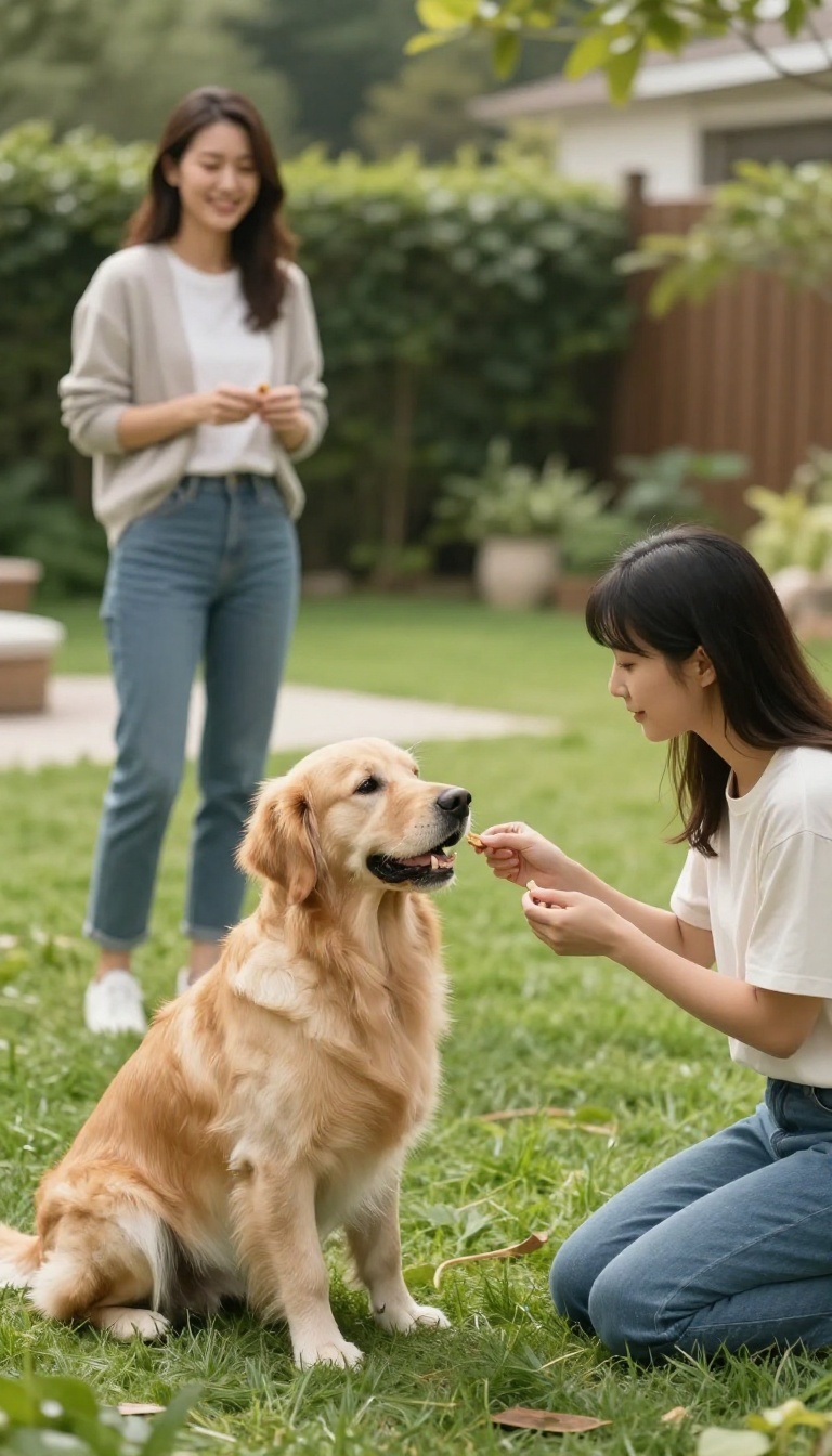 A dog owner rewarding a calm golden retriever while a helper stands at a distance in a sunny backyard during a controlled training session.