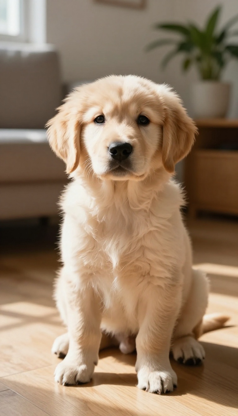 Golden retriever puppy sitting attentively on a wooden floor in a bright living room, looking at the camera, representing name recognition training.