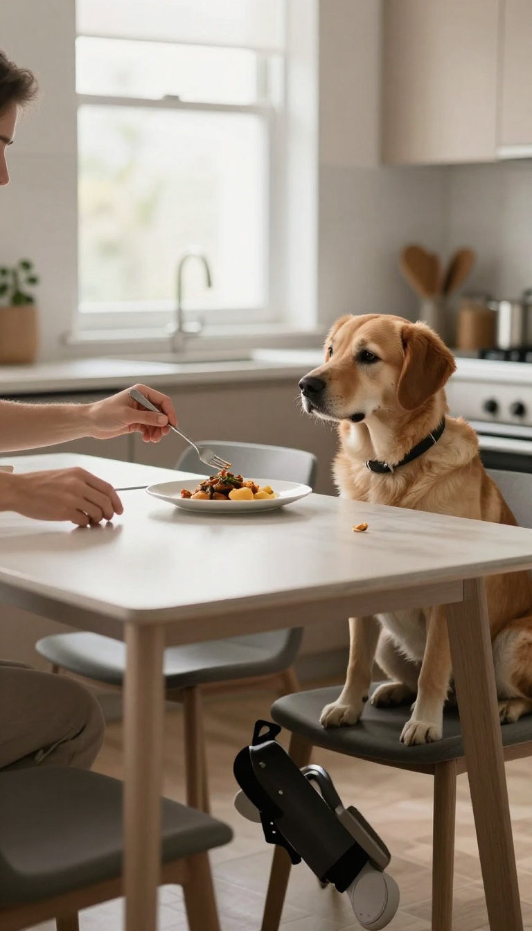 Dog sitting calmly next to a dining table, practicing the 'leave it' command, focusing on the owner instead of the food.