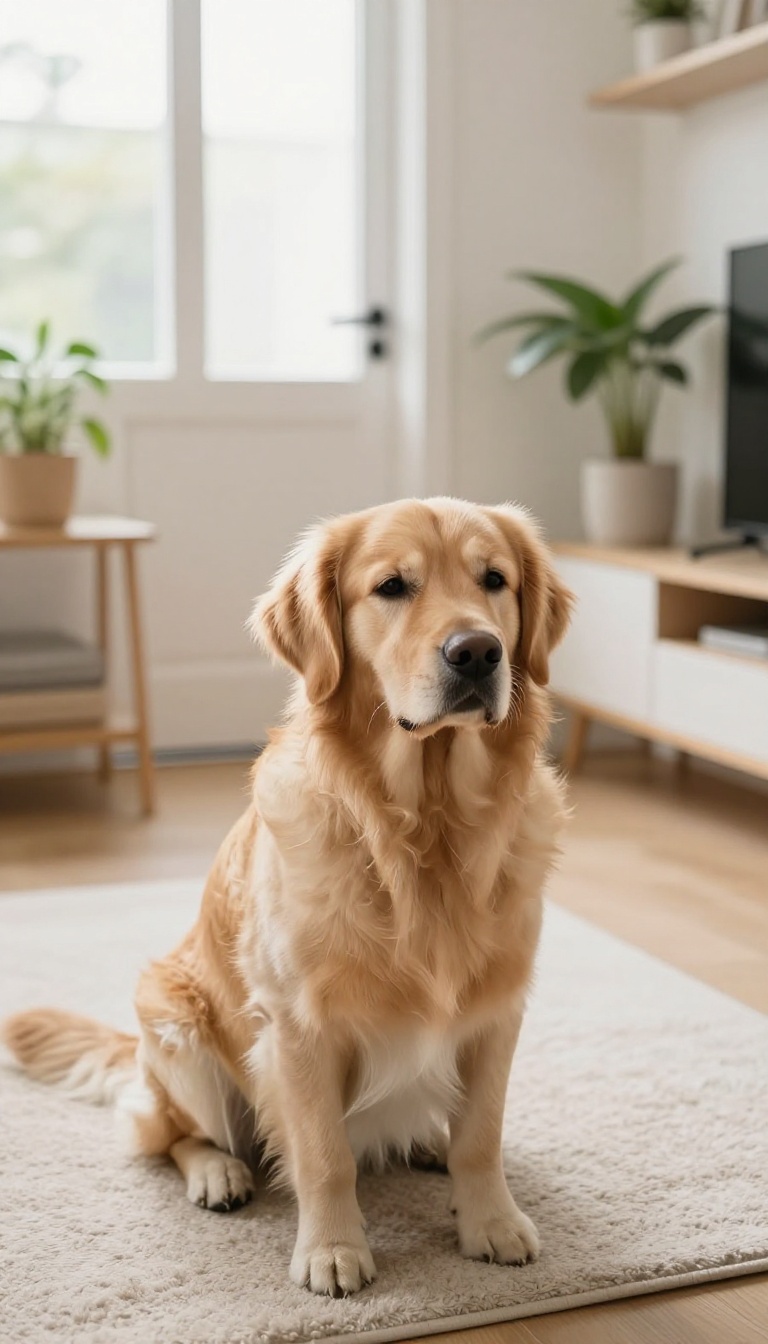A calm dog sitting quietly in a bright apartment hallway, looking relaxed and peaceful.