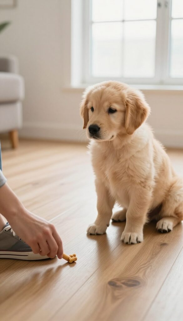Puppy focused on a high-value treat while ignoring a covered low-value treat on the floor
