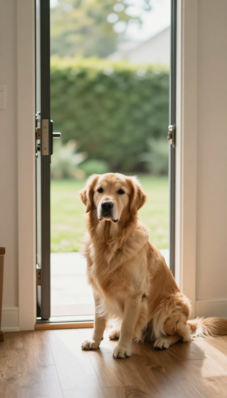 A calm dog sitting by an open door, illustrating the 'wait at doors' training skill.