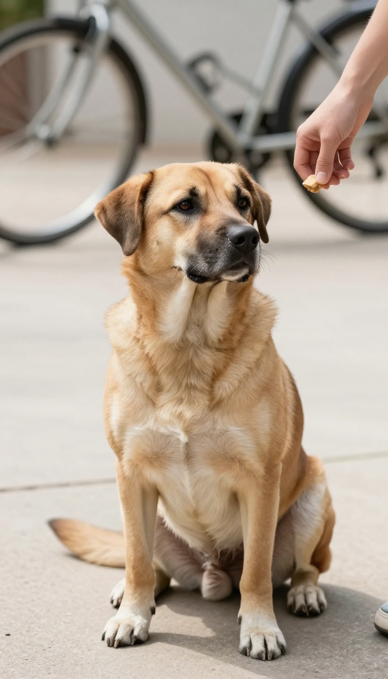 Dog sitting calmly as a bicycle passes in the background during a training session