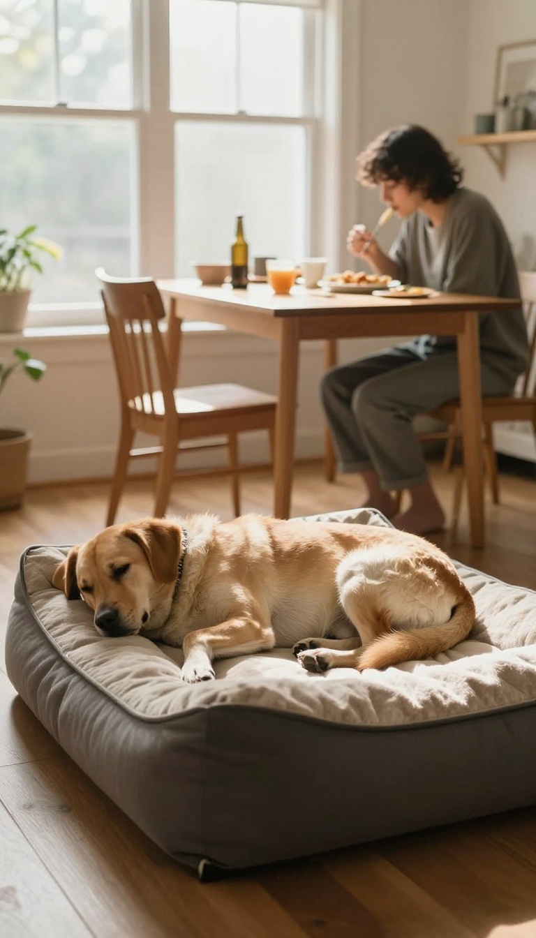 Dog calmly lying on a bed near a dining table while a person eats, illustrating the 'go to your bed' training technique.