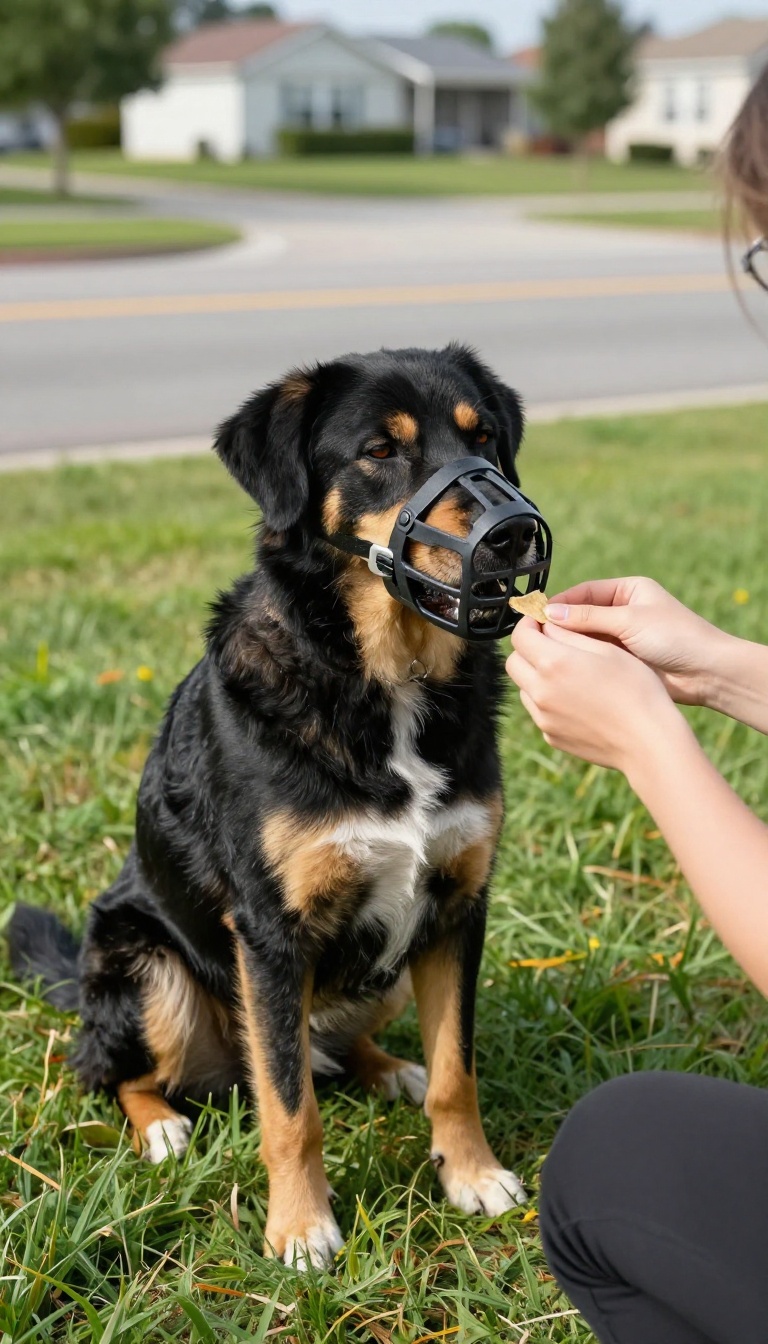 Dog wearing a basket muzzle during a training session near a road