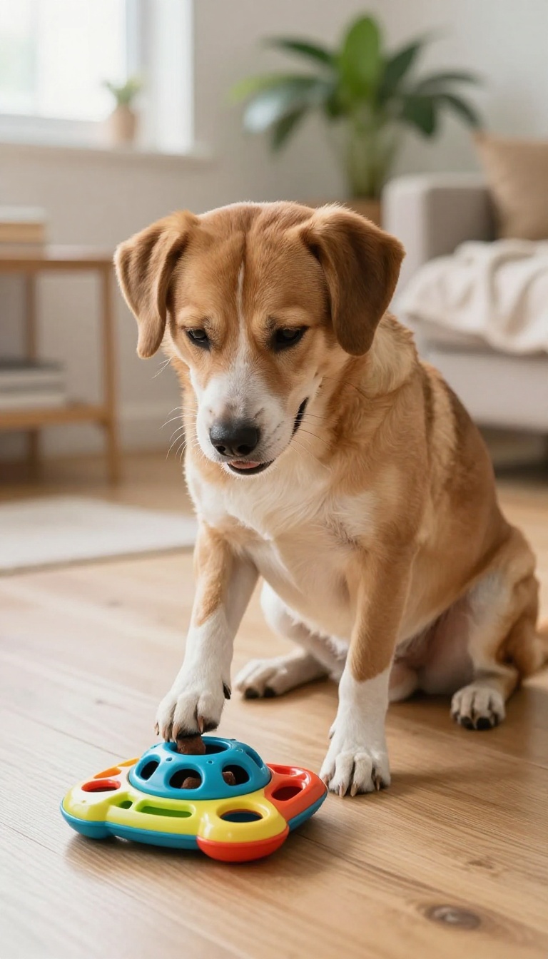 Dog playing with an interactive puzzle toy in a bright living room