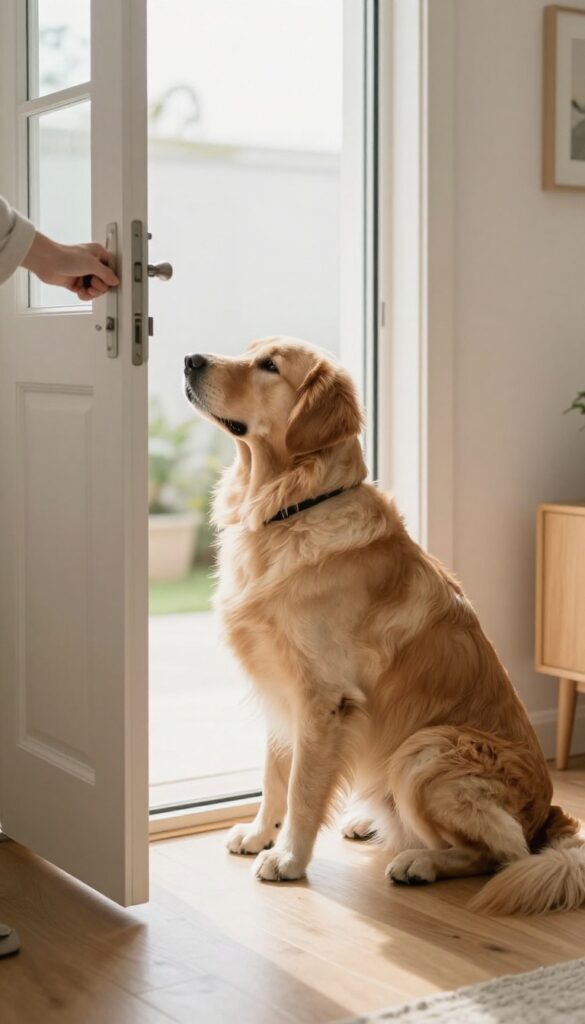 A patient dog sitting calmly by an open front door during a training exercise.