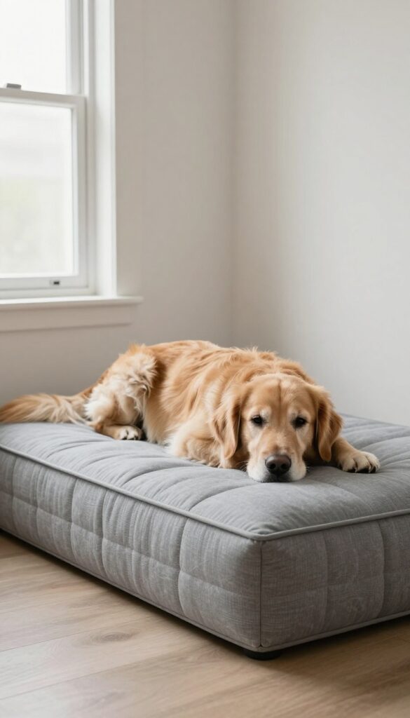 Senior dog resting on a memory foam mat inside a crate