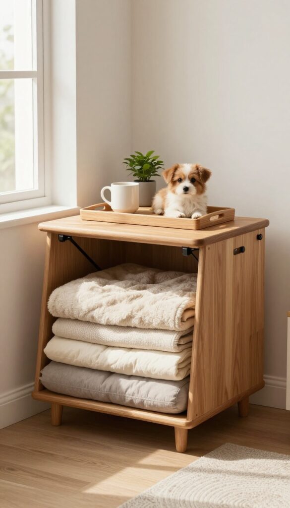A wooden bench-style end table with a lift-up storage compartment and a dog bed tucked underneath, styled with a tray and plant in a bright living room.