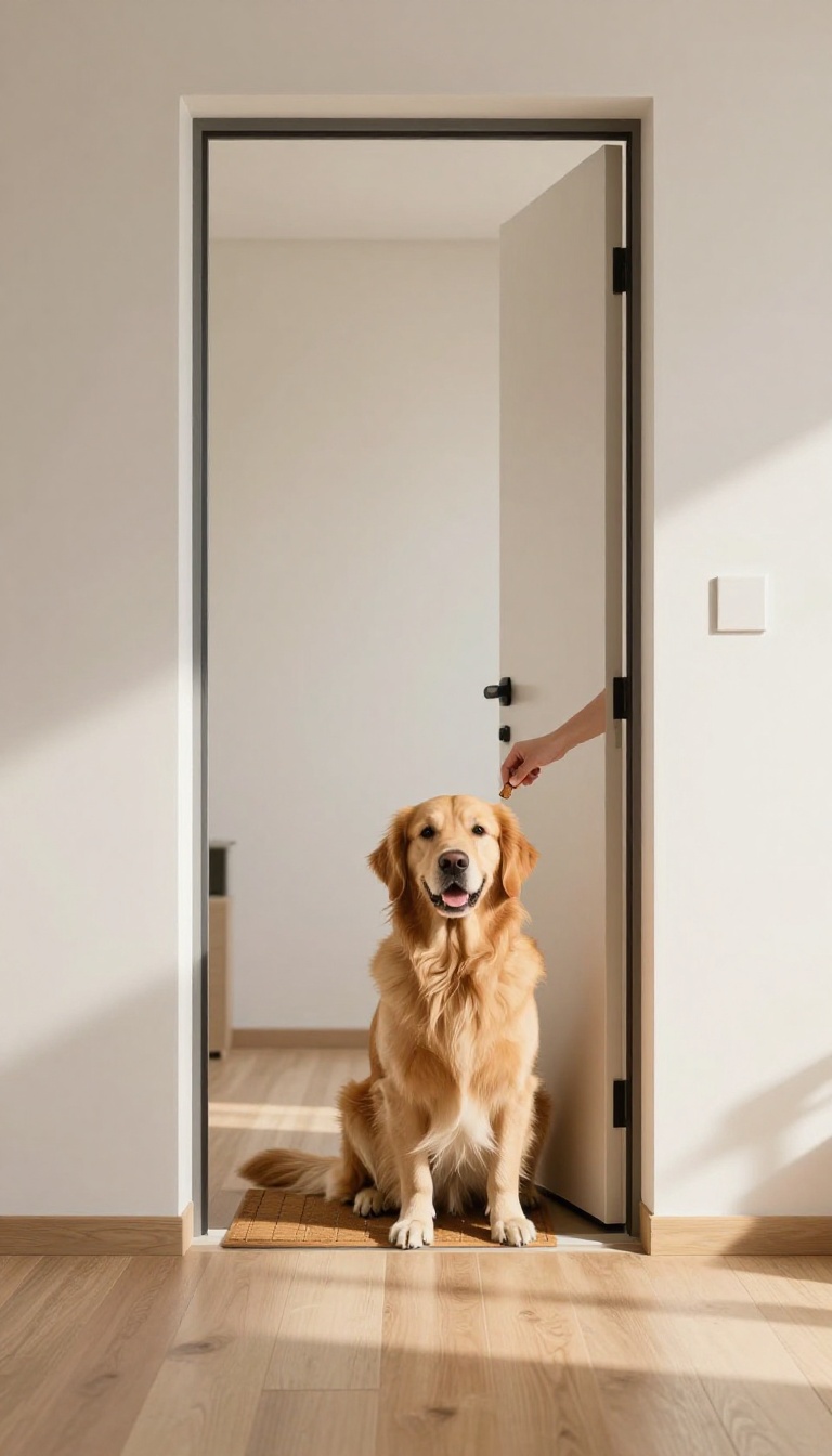 A large golden retriever sitting calmly by the front door in a bright home, with a hand offering a treat.