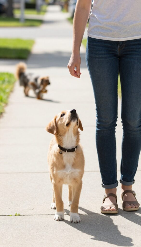 Person walking a puppy on a sidewalk, puppy looking up at person, with blurred distractions in background.