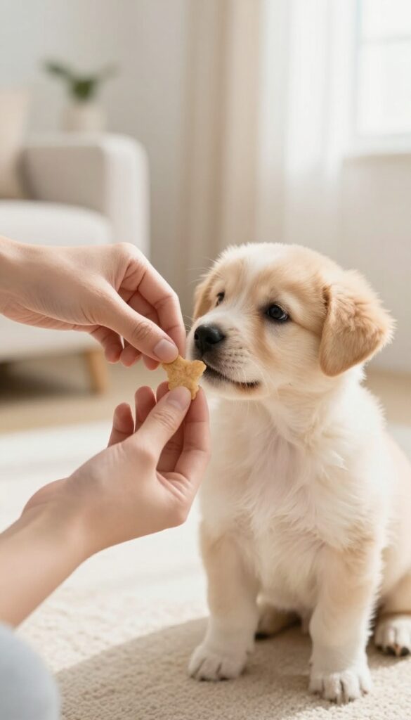 A person holds a treat to a puppy's nose, teaching it to sit in a bright living room.
