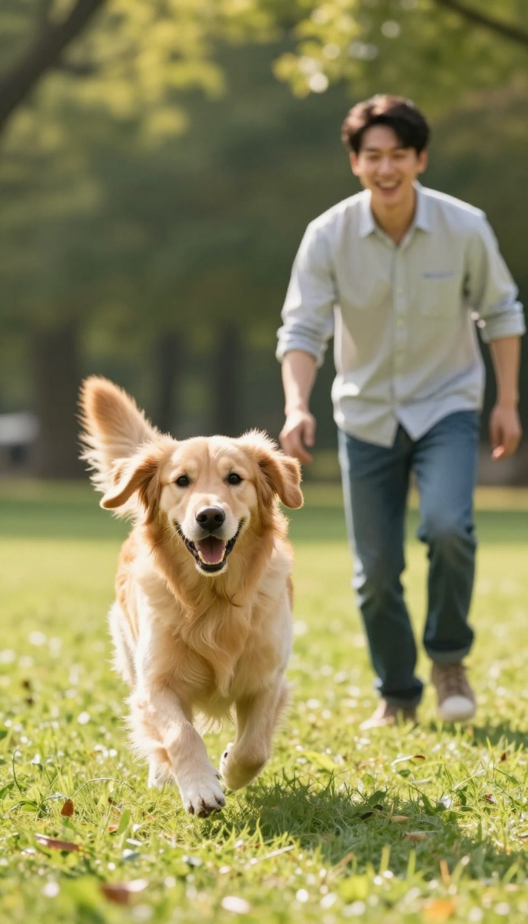 A happy golden retriever running toward its owner in a sunny park during a recall training game.