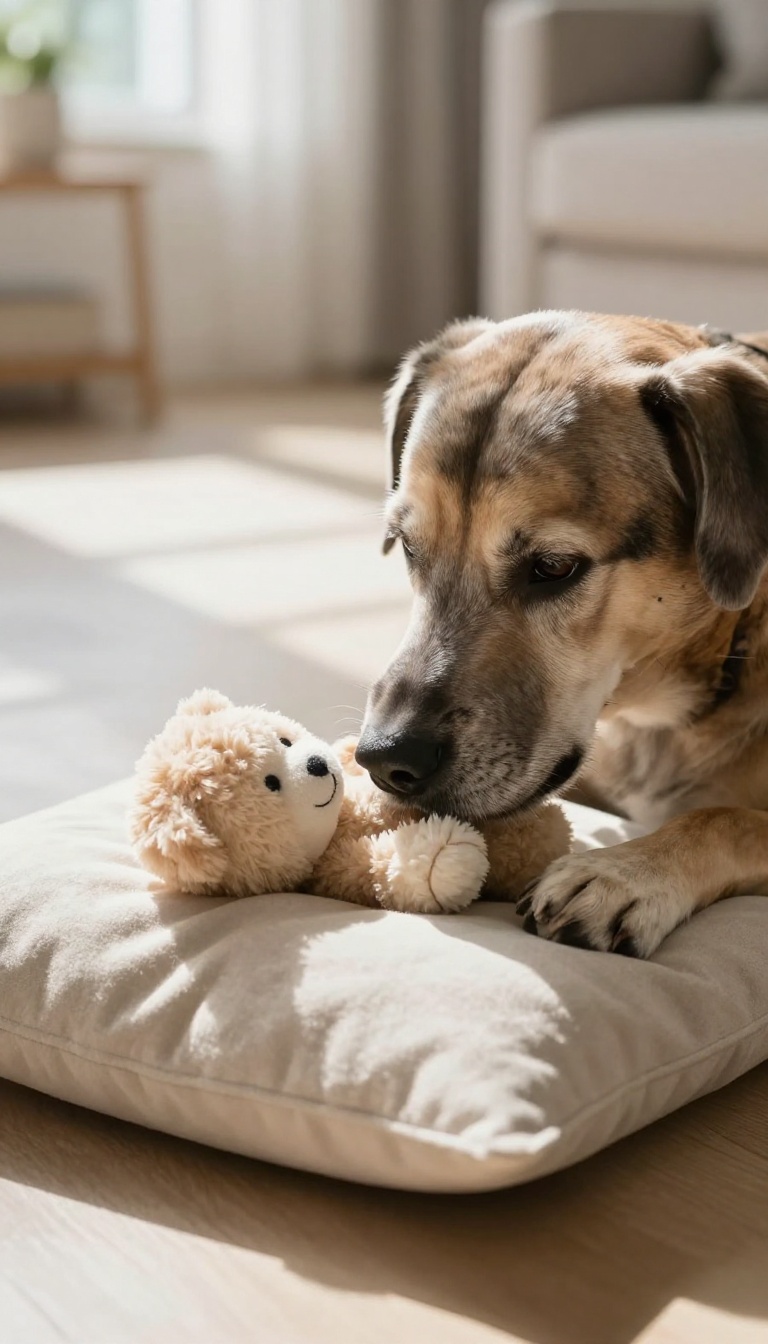Senior dog playing a nose-based 'Find It' game with a toy hidden under a cushion in a sunlit room.
