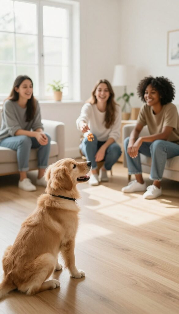 People sitting in a circle on the living room floor, tossing a treat to a puppy turning toward them, illustrating a name game training exercise.