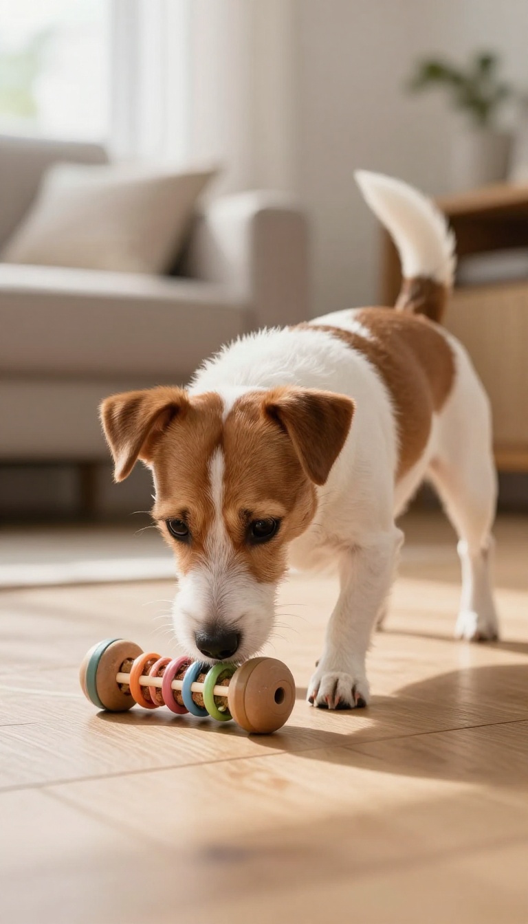 Small dog playing with a puzzle toy in a bright living room