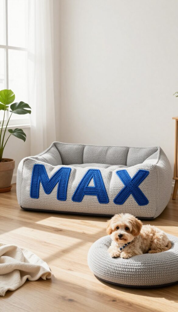 A personalized crochet dog bed with the name 'MAX' crocheted into the side, placed in a bright living room with a dog resting inside.