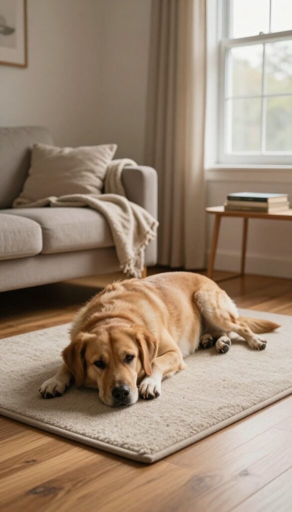 A calm dog lying on a mat in a bright, cozy living room during the evening, representing a training step for settling.