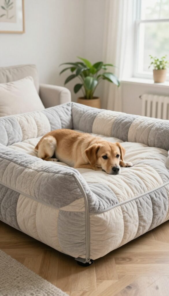 A quilted dog bed with memory foam insert in a bright living room, featuring a light gray and cream patchwork cover and a relaxed dog resting on it.