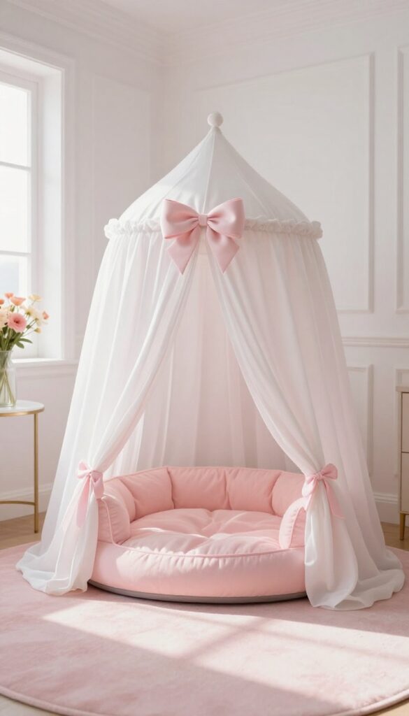 A fabric-covered canopy dog bed in a princess-themed room, creating a cozy hideaway with soft pink and white drapes.