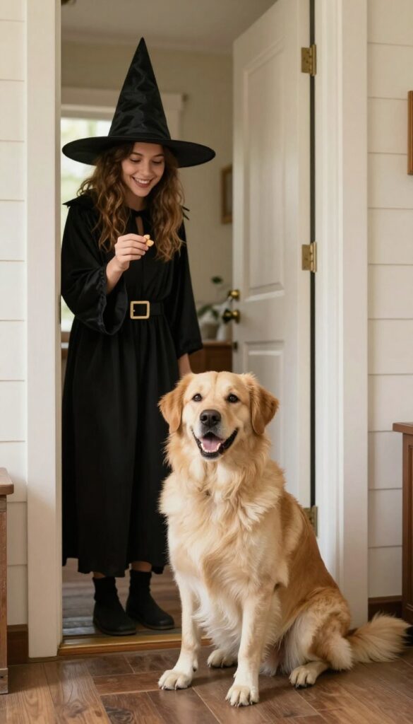 Dog sitting calmly by the door while a costumed friend visits for training practice
