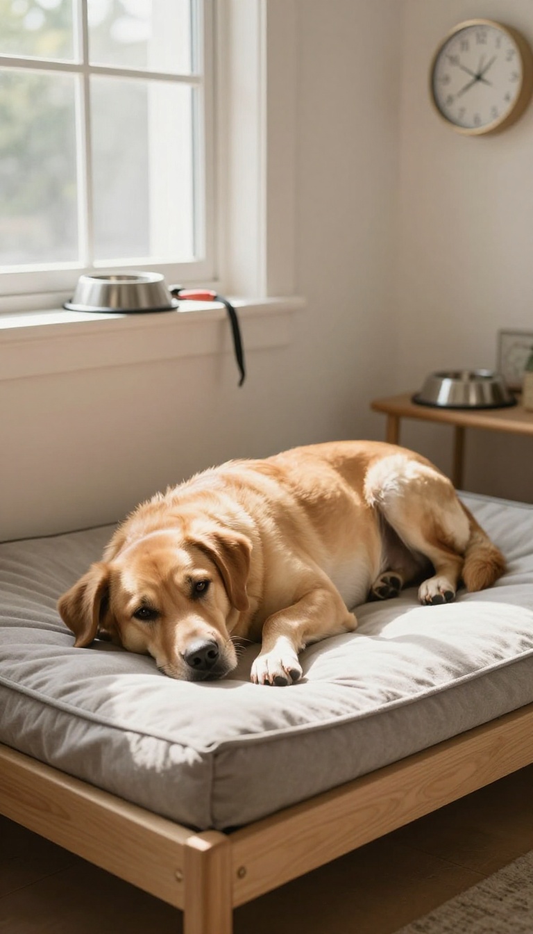 A calm rescue dog resting on a bed near a food bowl and leash, with a clock in the background, symbolizing routine and trust.