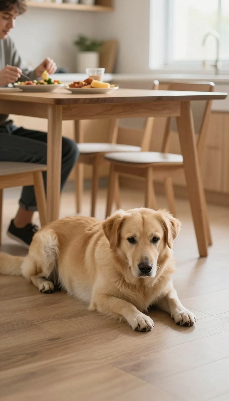 Calm dog lying quietly on kitchen floor while person eats at table, ignoring the dog
