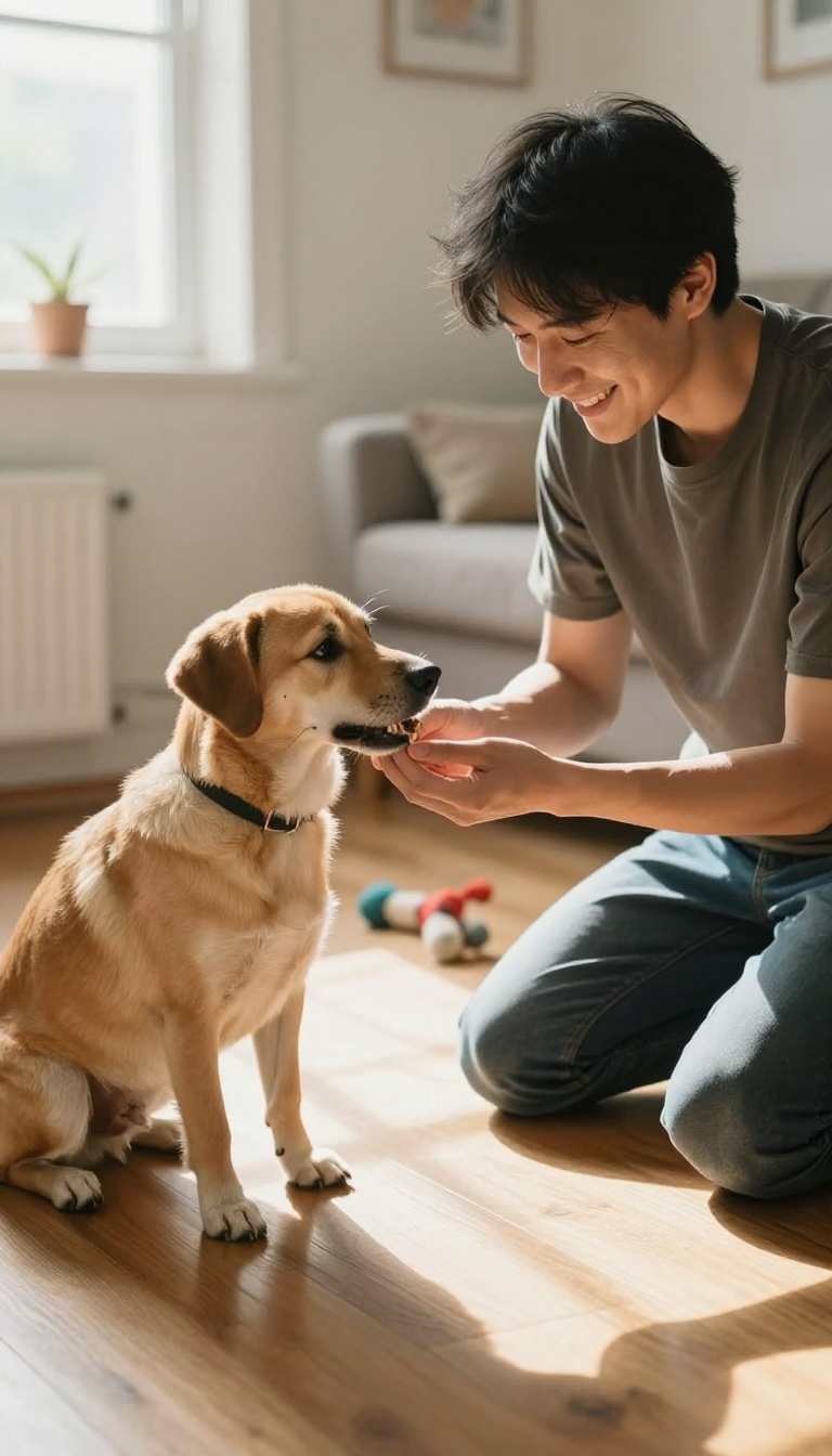 A person celebrating a small training win with a rescue dog by giving a treat in a bright living room.