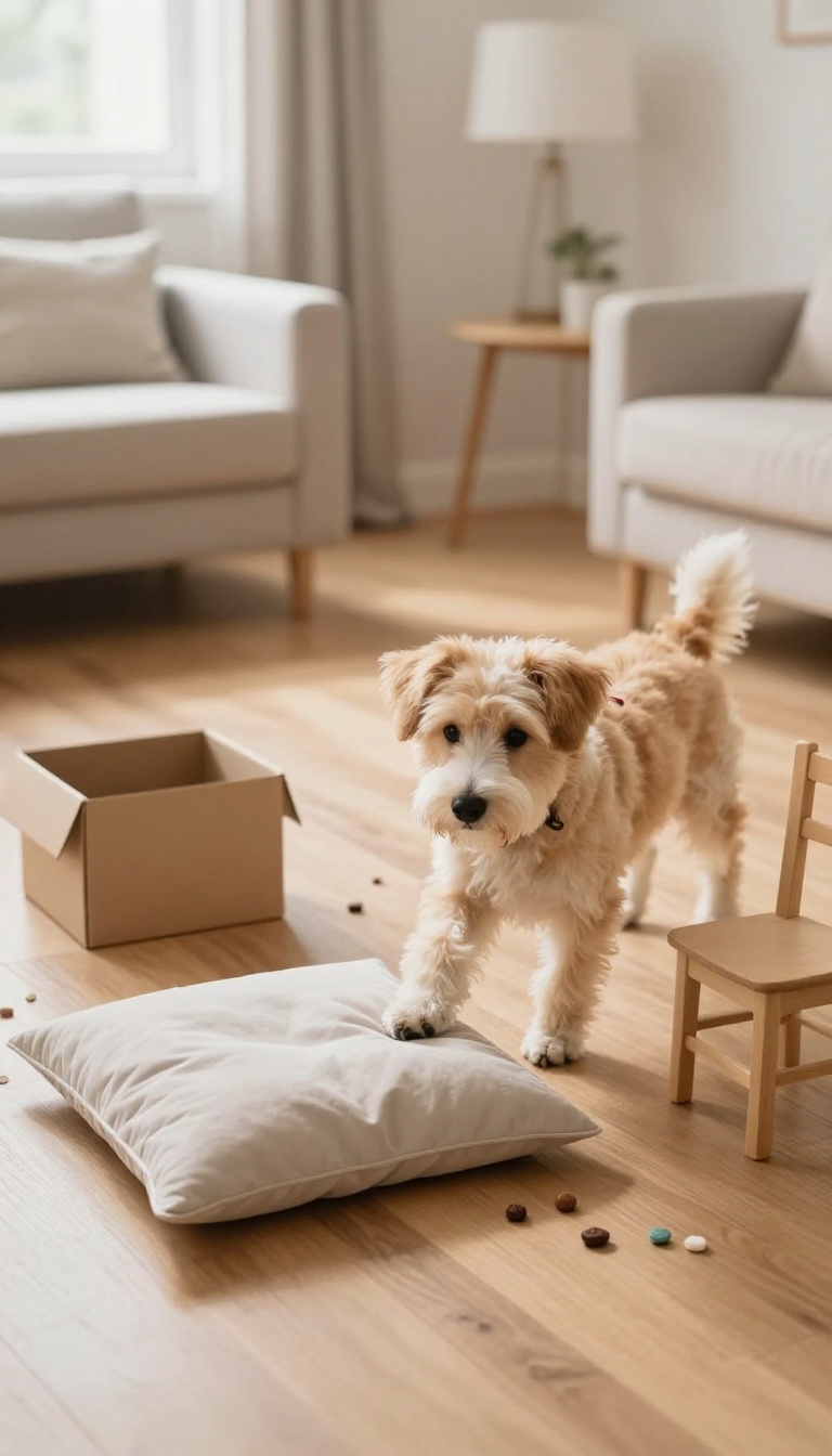 A shy dog navigating a homemade obstacle course in a bright living room, stepping over a pillow with treats nearby.