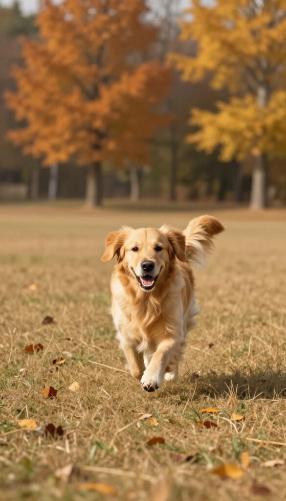 Golden retriever running in an open autumn field during a recall training session