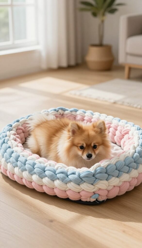 A cozy homemade dog bed made from braided t-shirts in pastel colors, with a small dog curled up inside, in a bright living room setting.