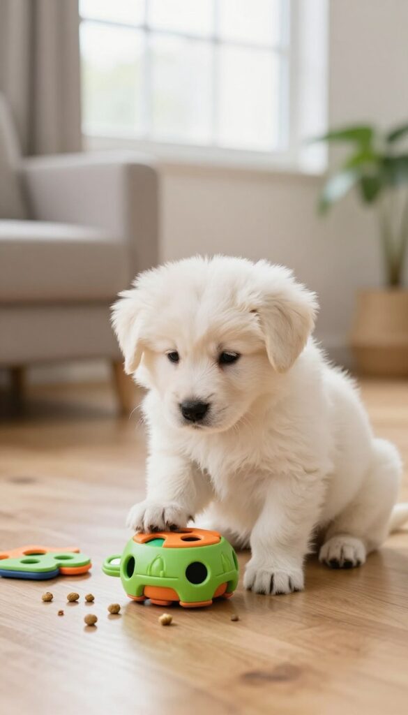 Puppy playing with a puzzle toy to reduce barking