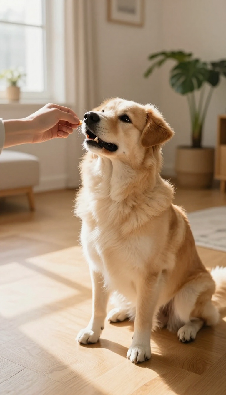 Dog learning to speak and quiet on command in a bright living room