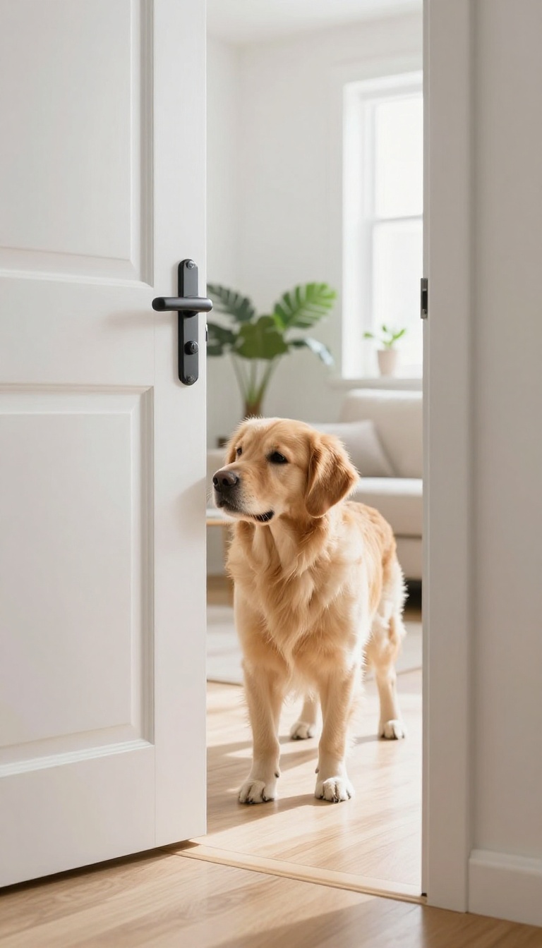Dog pushing a door open with its nose in a bright living room