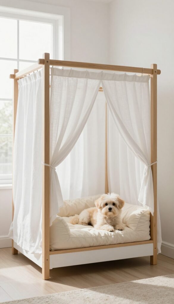 A wooden canopy dog bed with white linen drapes in a bright, modern living room, featuring a cozy cushion and a small dog resting inside.