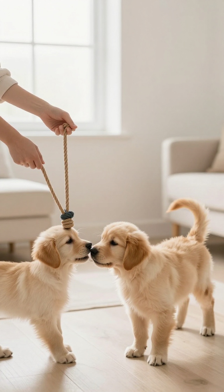Person playing a structured tug-of-war game with a calm golden retriever puppy in a bright living room