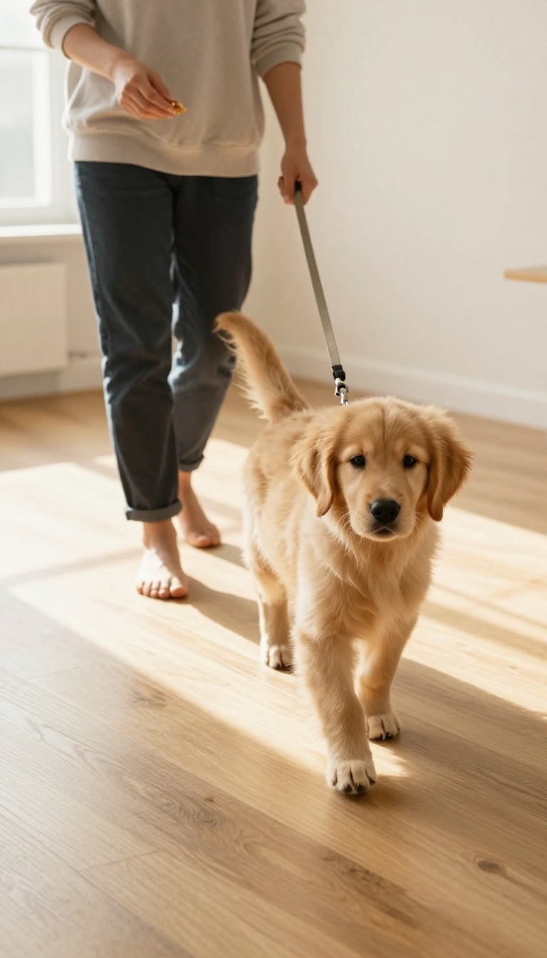 Person training a puppy to walk on a loose leash in a bright living room