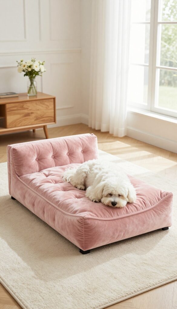 A tufted velvet dog bed in blush pink with a sleeping white dog, styled in a bright, elegant living room.