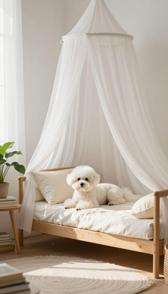 Small white dog resting in a canopy bed with sheer fabric in a bright bedroom corner