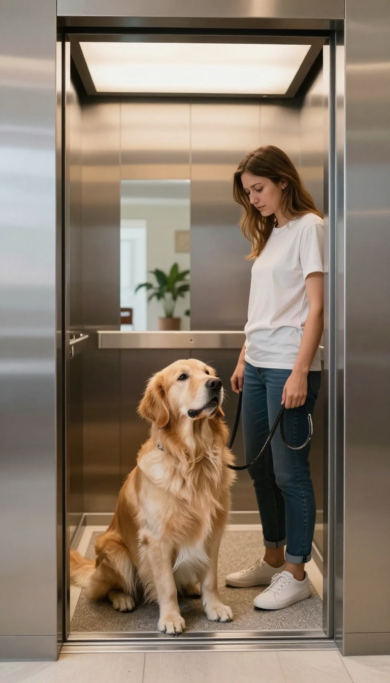 A calm dog sitting in an apartment elevator with its owner, practicing elevator etiquette.