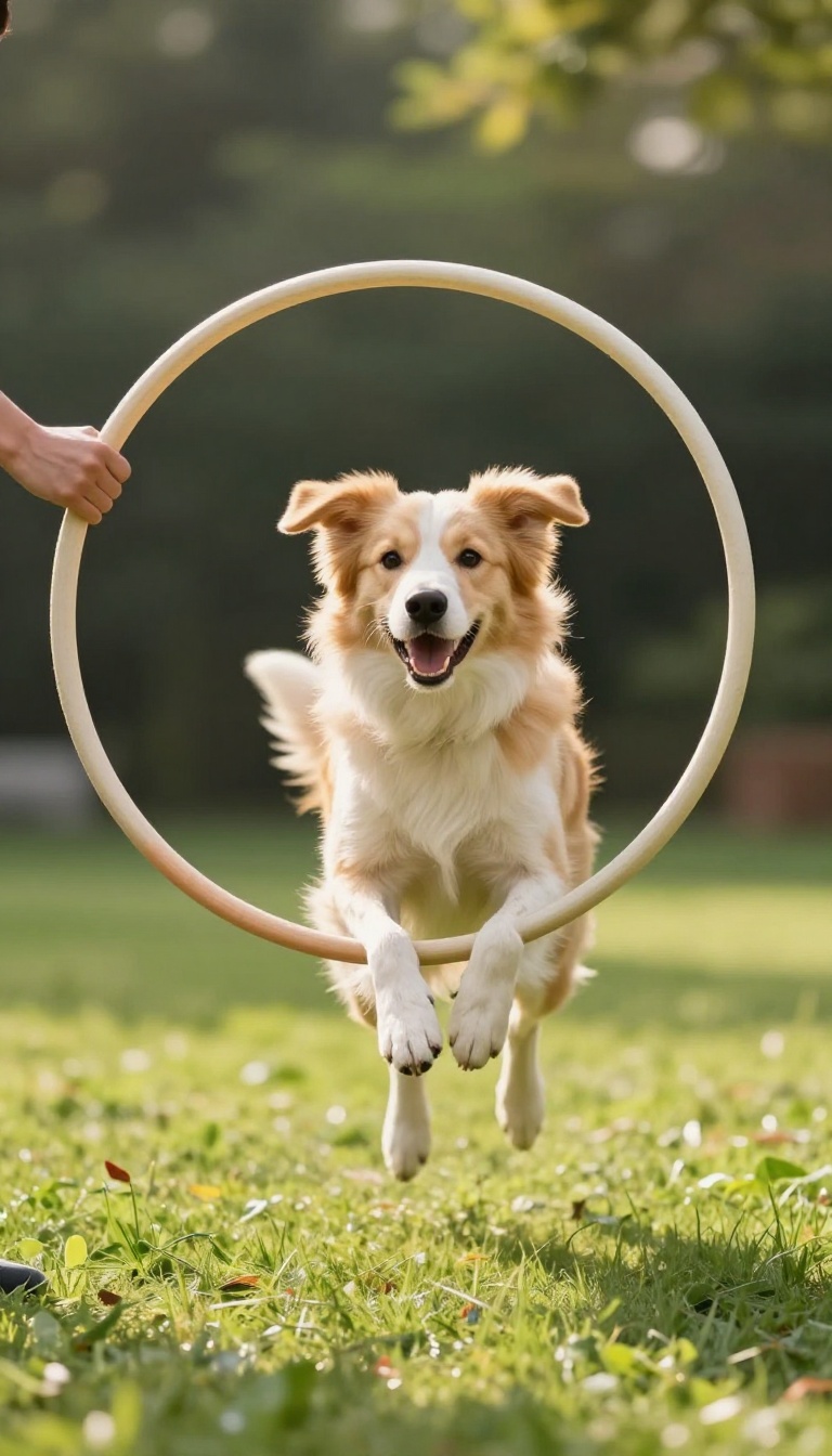 A dog jumping through a hoop in a sunny backyard during training.