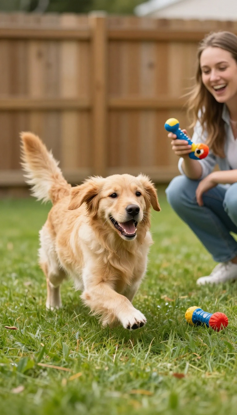 Dog running to owner for a surprise party game with treats and toy in a sunny backyard