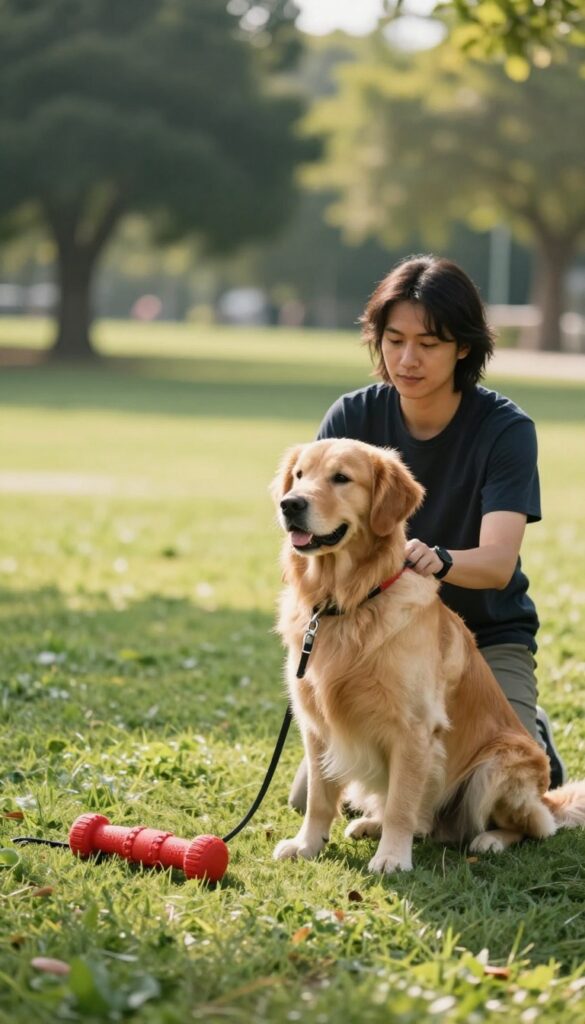 Dog in sit-stay near a toy distraction during outdoor training