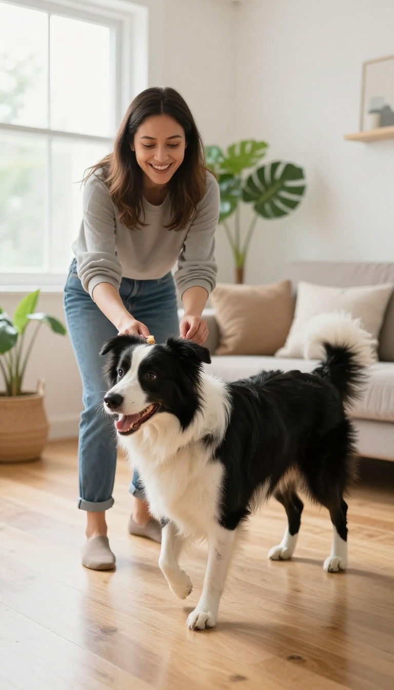 Dog weaving through legs during a training session in a bright living room