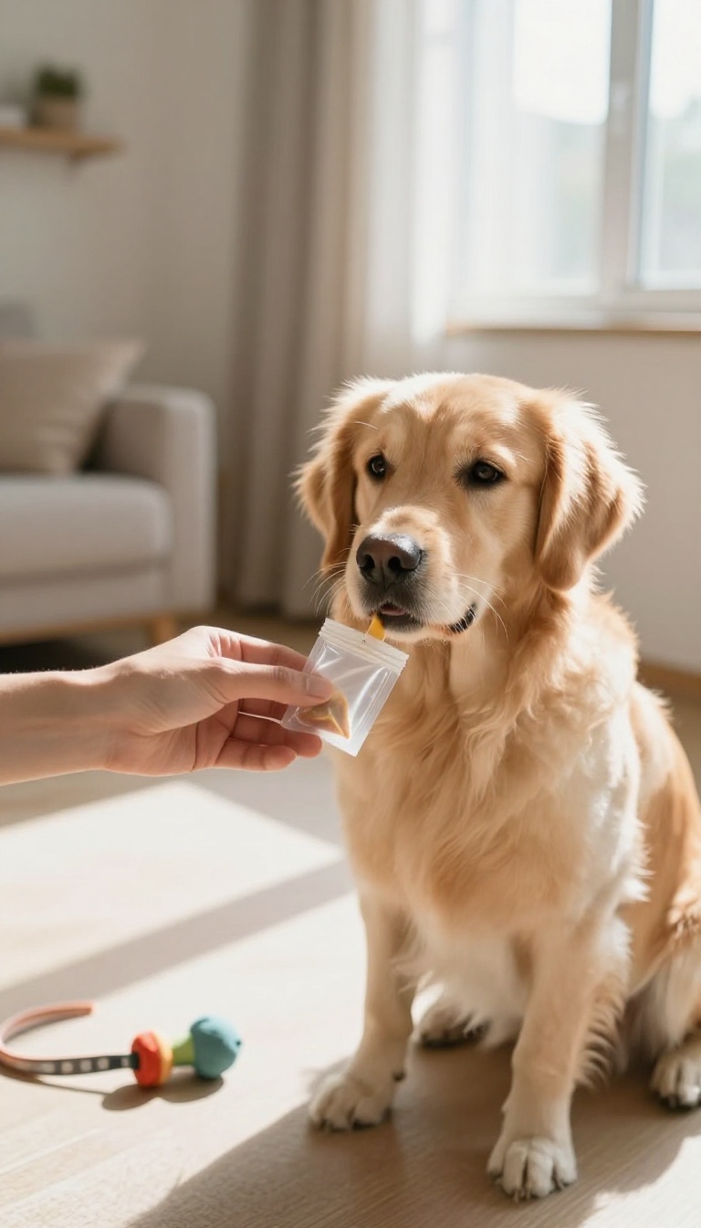Dog trainer rewarding a golden retriever with a treat in a bright living room