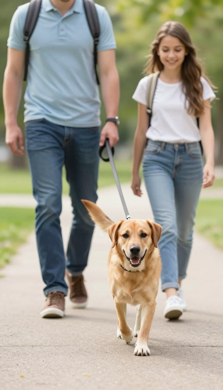 Owner and dog enjoying a short, fun loose-leash training session in a sunny park