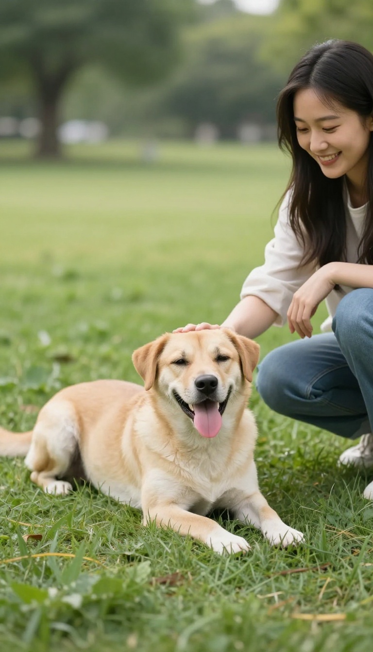 A tired dog resting on grass with its owner petting it in a sunny park, illustrating the idea of knowing when to leave the dog park.