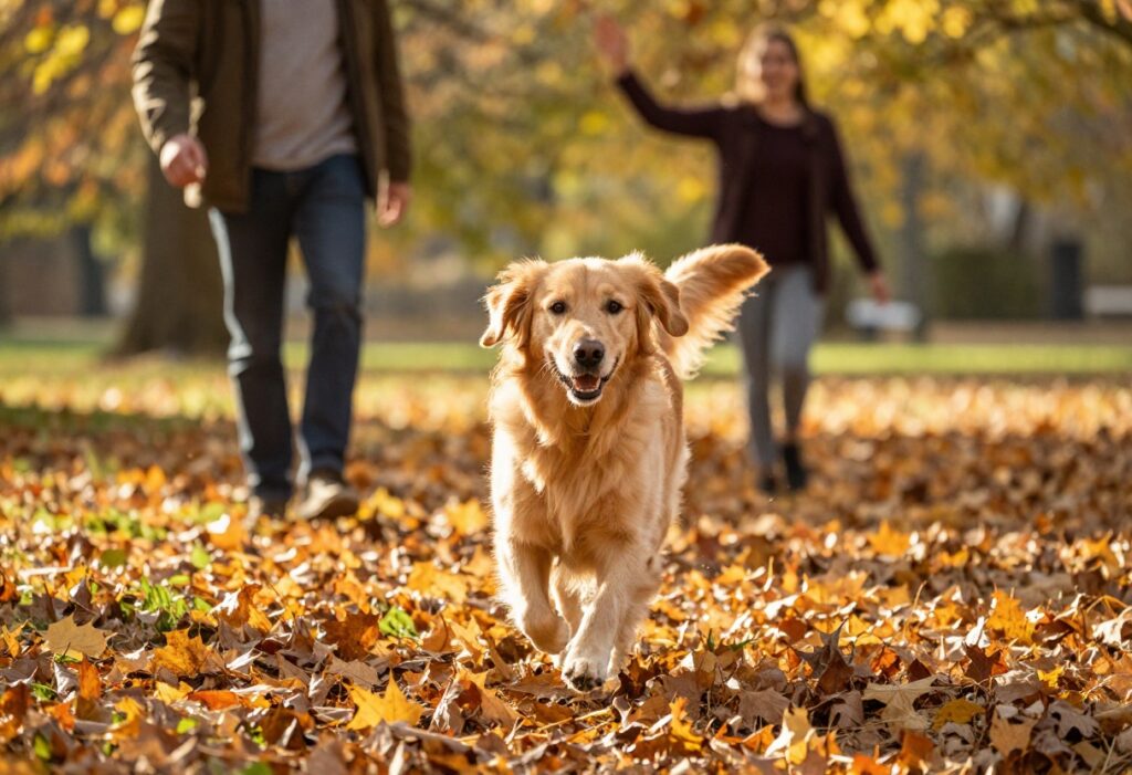 Golden retriever running through autumn leaves during a recall training game